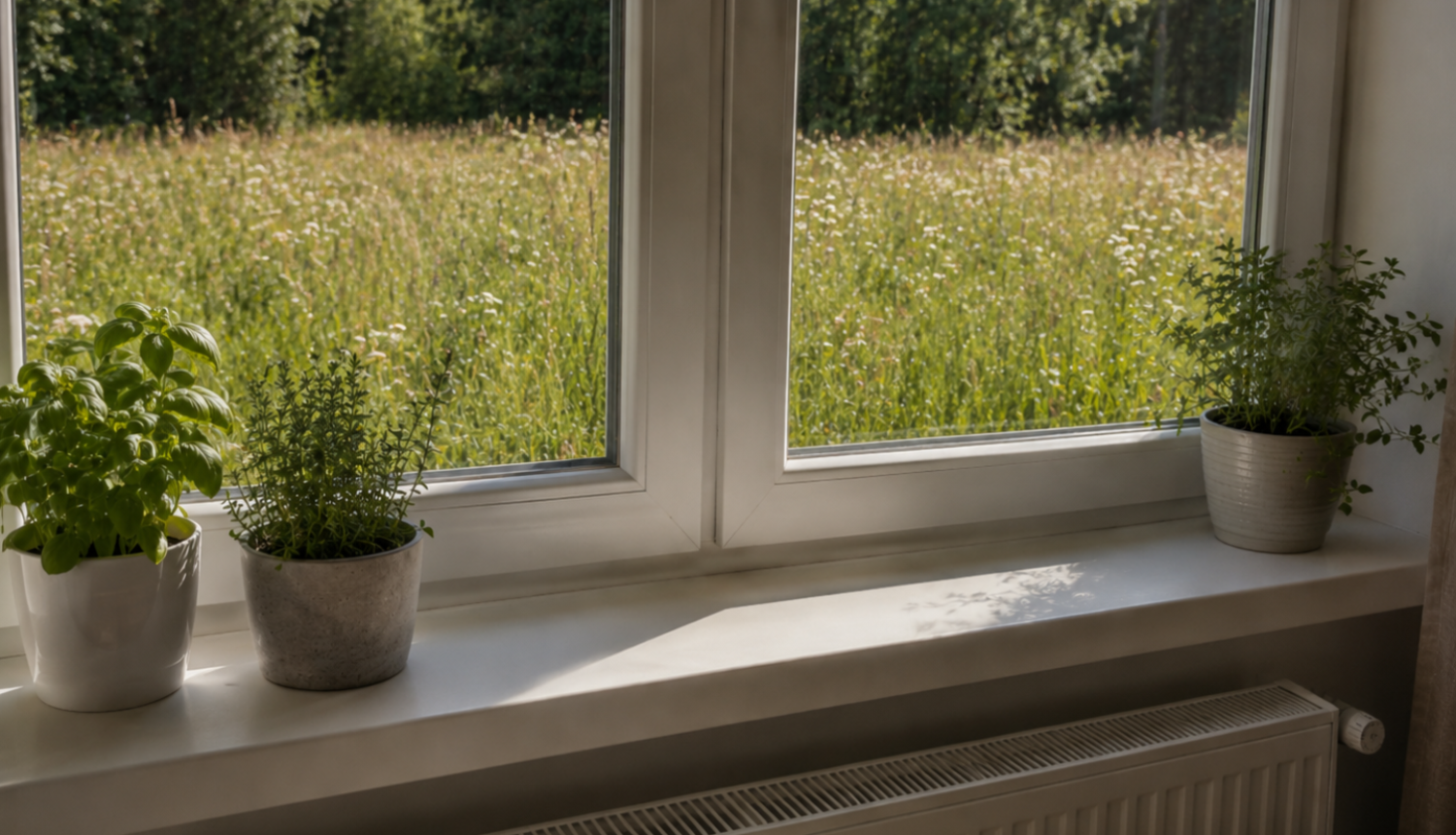 radiators un skats pa logu, kurā ir pļava